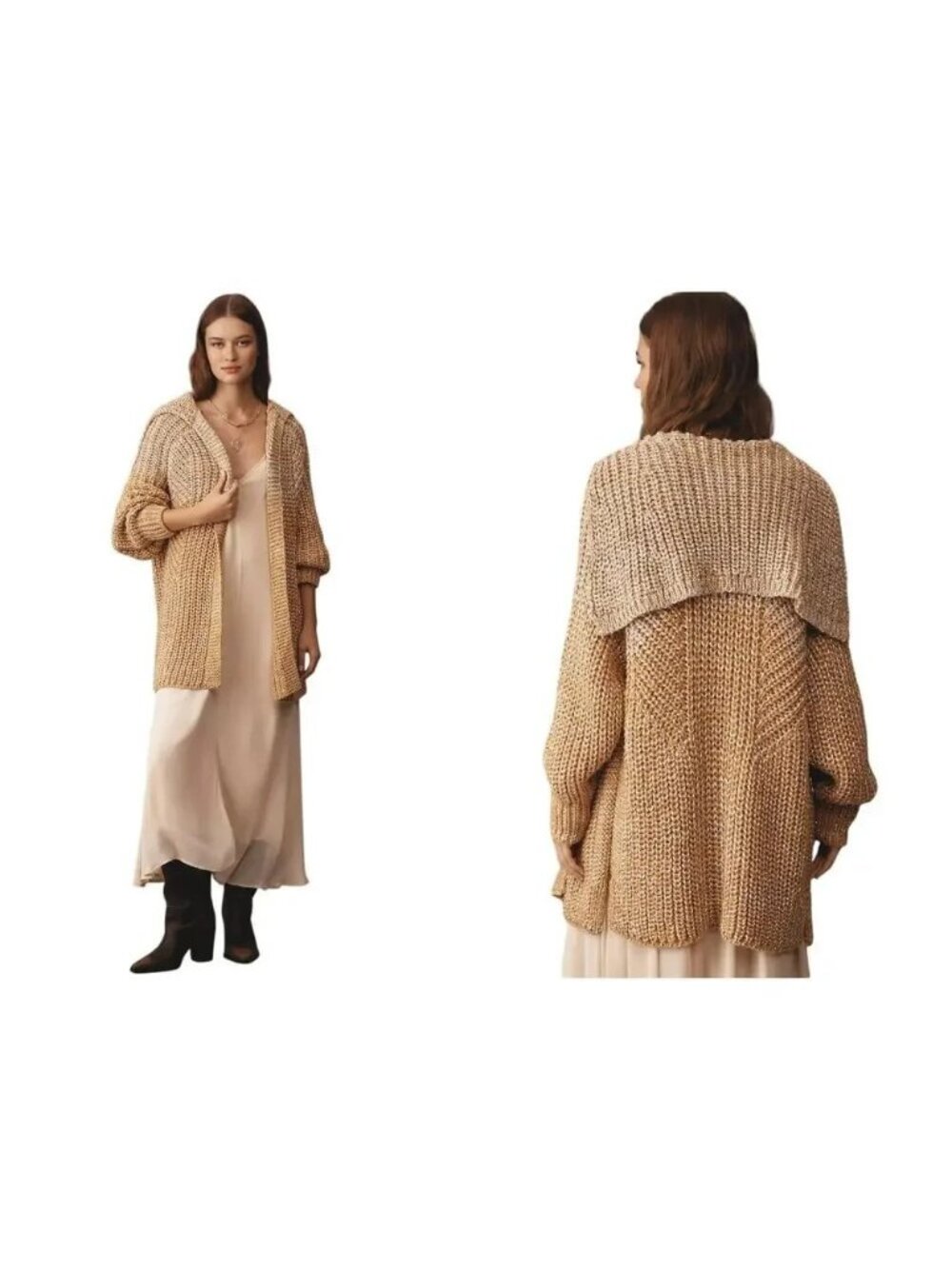 Anthropologie Maeve Chunky Knit Metallic Oversized Collar Cardigan Sweater S